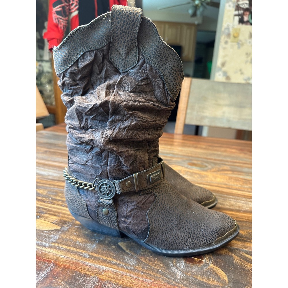 The‎ Leather Collection Brown Slouch Western Boot Chain Metal Toe Boho 
Sz 8.5